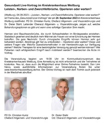 Gesundzeit Live-Vortrag im Kreiskrankenhaus Weilburg Leisten-, Narben- und Zwerchfellbrüche. Operieren oder warten?
